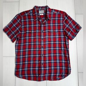 NWOT Lucky Brand Men’s Red Plaid Utility Short, Large, Short Sleeve Button Up